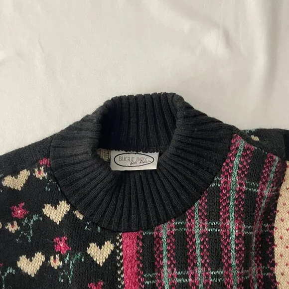 VTG Bungle Boy Women's Patchwork Heart Floral Sweater Black Red Size L - Picture 3 of 6